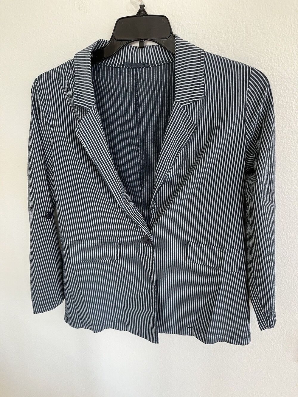 Algo Bonito Striped Blazer Womens XL Navy Blue 1-Button Made In Italy Preppy
